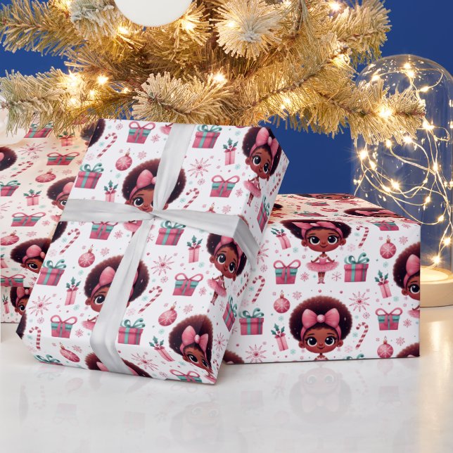 Festive Cute African American Ballerina Christmas Wrapping Paper (Holidays)