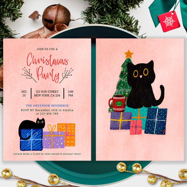 Festive Cute Black Cat Coffee Pink Christmas Party Holiday Card (Front and Back)