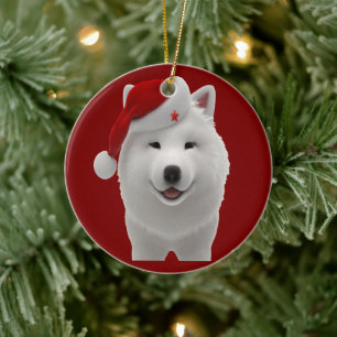Festive Cute Cartoon Style Samoyed Dog With Santa Ceramic Tree Decoration
