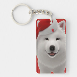 Festive Cute Cartoon Style Samoyed Dog With Santa  Key Ring