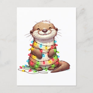 Festive Cute Christmas Otter Wrapped in Lights Postcard