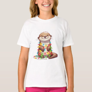 Festive Cute Christmas Otter Wrapped in Lights T-Shirt