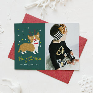 Festive Cute Corgi Reindeer Merry Christmas Photo Holiday Card
