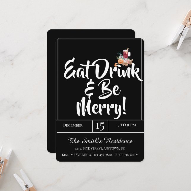 Festive Cute Drinks Party Eat Drink & Be Merry!  Invitation (Front/Back In Situ)