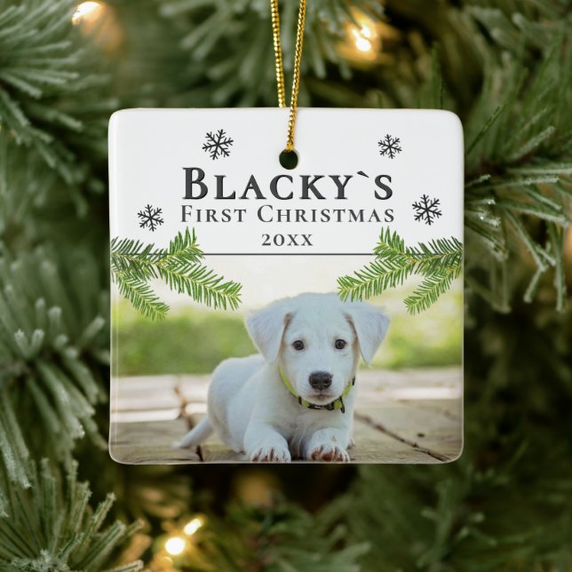 Festive Cute First Christmas Puppy Photo Ceramic Ornament (Tree)