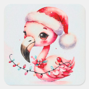 Festive Cute Flamingo Wrapoed in Christmas Lights Square Sticker