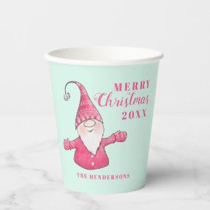 Festive Cute Gnome Pink and Mint Green Christmas Paper Cups