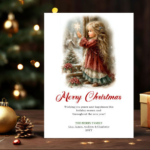 Festive Cute Little Girl Winter Scene Holiday Card