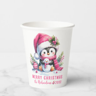 Festive Cute Penguin Pink Merry Christmas Paper Cups