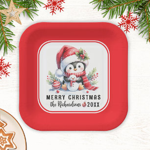 Festive Cute Penguin Red White Merry Christmas Paper Plate