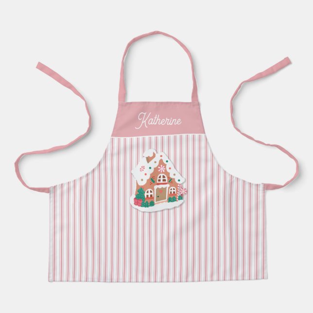 Festive Cute Pink Gingerbread House Stripe Name Apron (Front)