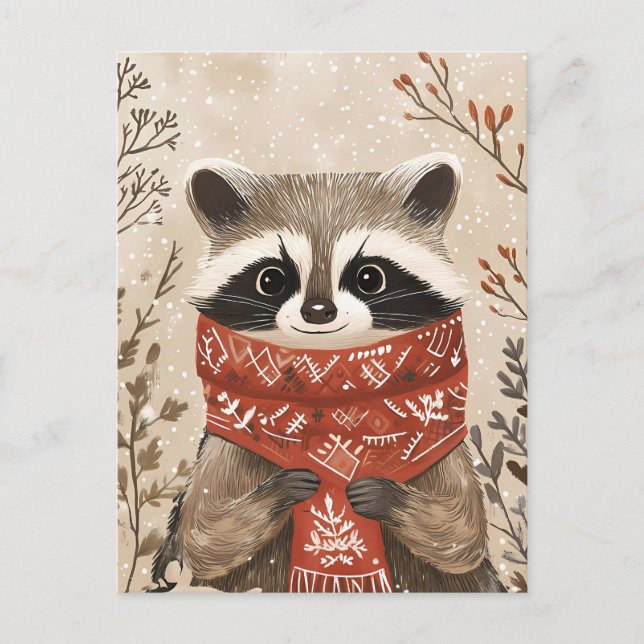 Festive cute Racoon Christmas Greeting Postcard (Front)