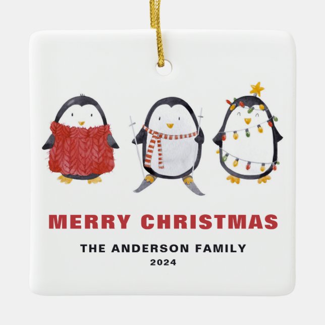 Festive Cute Watercolor Penguins Christmas Photo Ceramic Ornament (Front)
