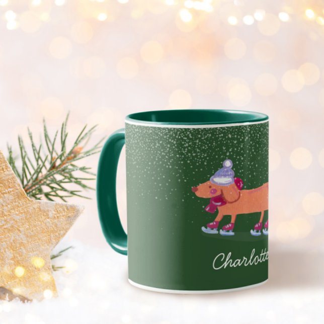 Festive Dachshund Dog Ice Skating Green Name Mug (Creator Uploaded)