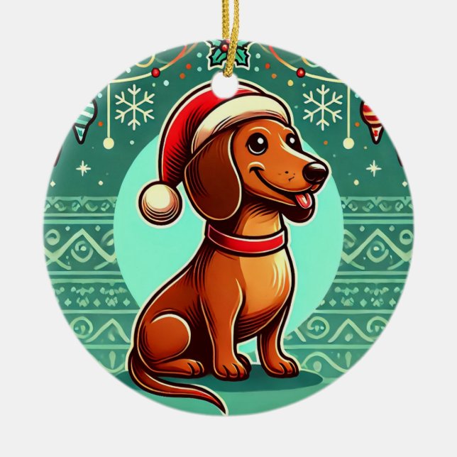 Festive Dachshund Wearing Santa Hat Ceramic Tree Decoration (Front)