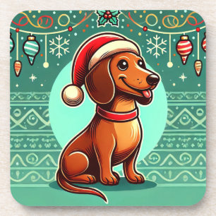 Festive Dachshund Wearing Santa Hat Coaster