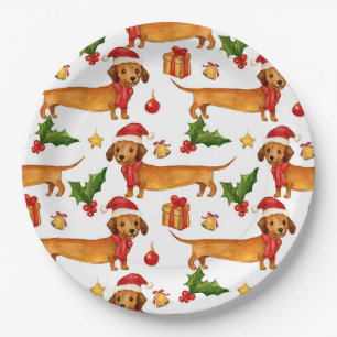 Festive dachshunds Christmas pattern Paper Plate