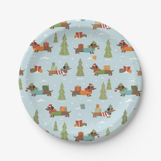 Festive Dachshunds in the Snow Pattern Paper Plate (Front)