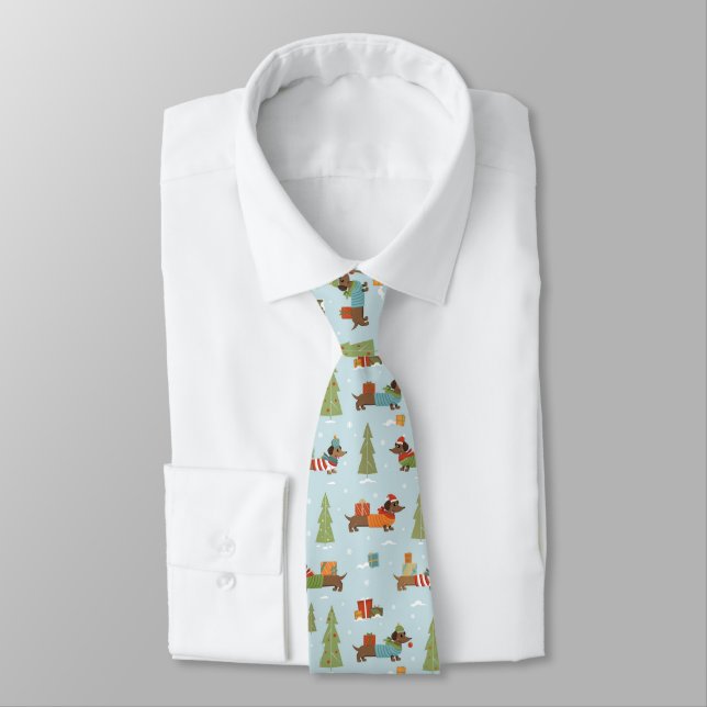 Festive Dachshunds in the Snow Pattern Tie (Tied)