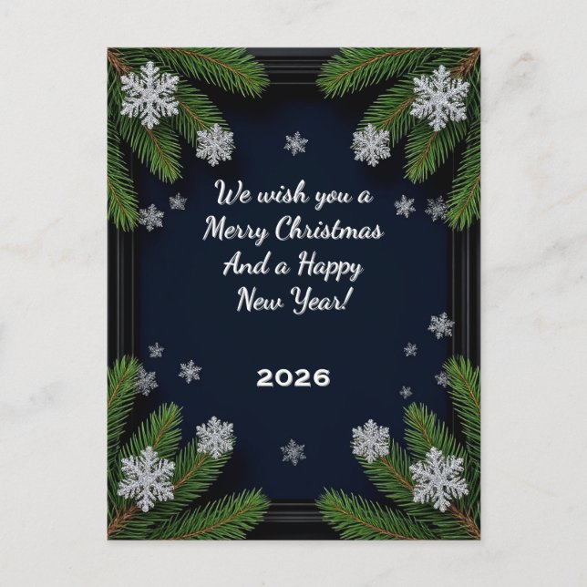 ✨ Festive Dark Blue Pine Branch Frame Winter Postcard (Front)