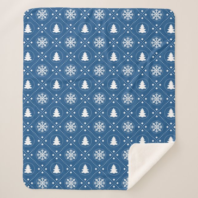 Festive Dark Blue White Christmas Pattern Sherpa Blanket (Front)