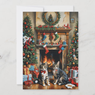Festive decorated room, fireplace, cats, vintage invitation