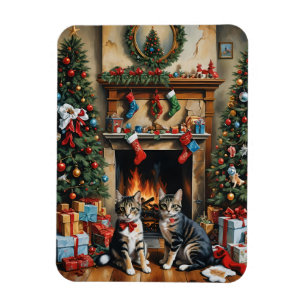 Festive decorated room, fireplace, cats, vintage magnet