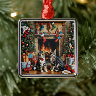 Festive decorated room, fireplace, cats, vintage metal tree decoration