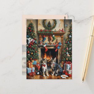 Festive decorated room, fireplace, cats, vintage postcard