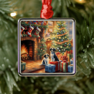 Festive decorated room, fireplace, dogs, vintage metal tree decoration