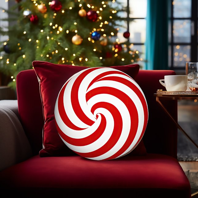 Festive Decorative Peppermint Print  Round Cushion (Festive Peppermint Pattern Decorative Round Christmas Pillow)