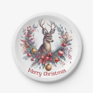 Festive Deer in a Holiday Wreath 2 -  Paper Plate