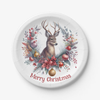Festive Deer in a Holiday Wreath 2 - Paper Plate