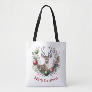 Festive Deer in a Holiday Wreath 4 - Tote Bag