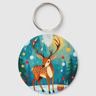 Festive Deer in a Snowy Forest Key Ring