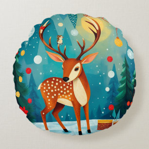 Festive Deer in a Snowy Forest Round Cushion