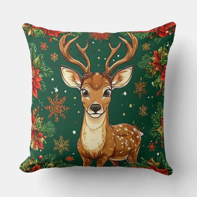 Festive Deer Painting with Christmas Elements Cushion (Front)