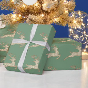 Festive Deer Pattern Green Christmas Wrapping Paper