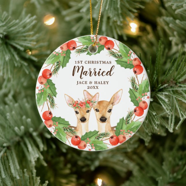 Festive Deer Personalised 1st Christmas Married Ceramic Tree Decoration (Tree)