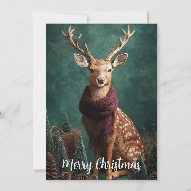 Festive Deer with Red Scarf Christmas Art Holiday Card (Front)