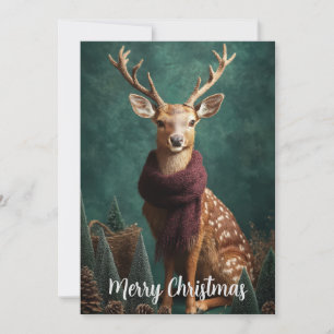Festive Deer with Red Scarf Christmas Art Holiday Card