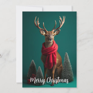 Festive Deer with Red Scarf Christmas Art Holiday Card