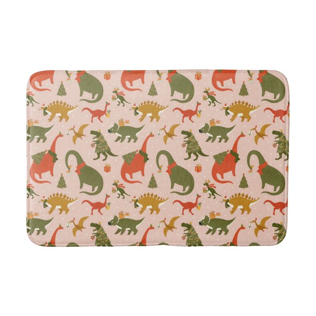 Festive Dinosaur Christmas Tree Holiday Pattern Bath Mat (Front)