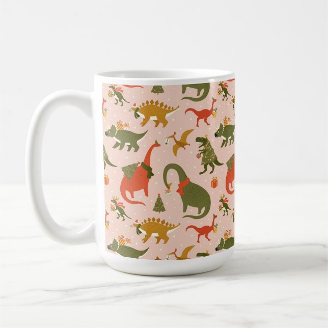 Festive Dinosaur Christmas Tree Holiday Pattern Coffee Mug (Left)