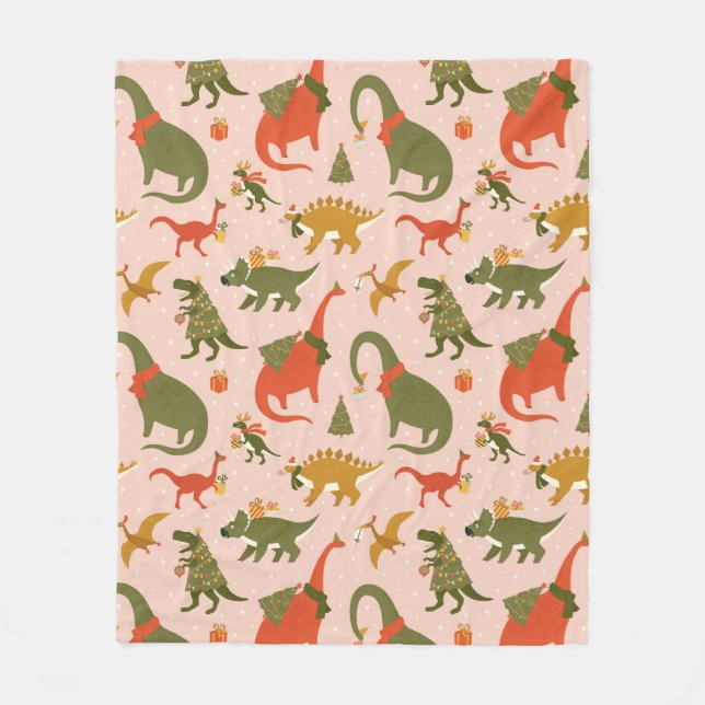 Festive Dinosaur Christmas Tree Holiday Pattern Fleece Blanket (Front)