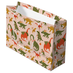 Festive Dinosaur Christmas Tree Holiday Pattern Large Gift Bag