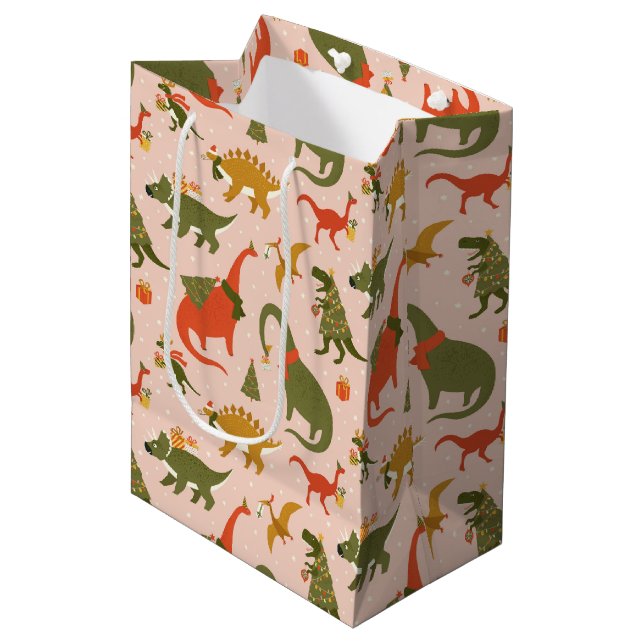 Festive Dinosaur Christmas Tree Holiday Pattern Medium Gift Bag (Front Angled)