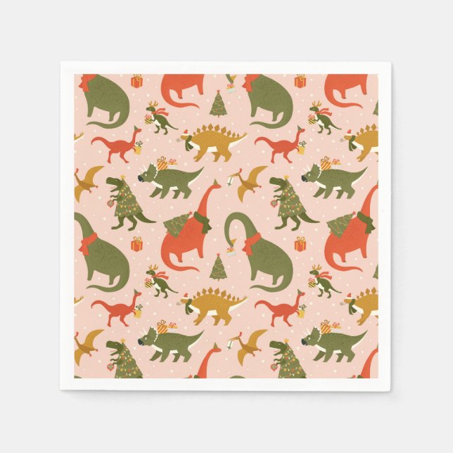Festive Dinosaur Christmas Tree Holiday Pattern Napkin (Front)