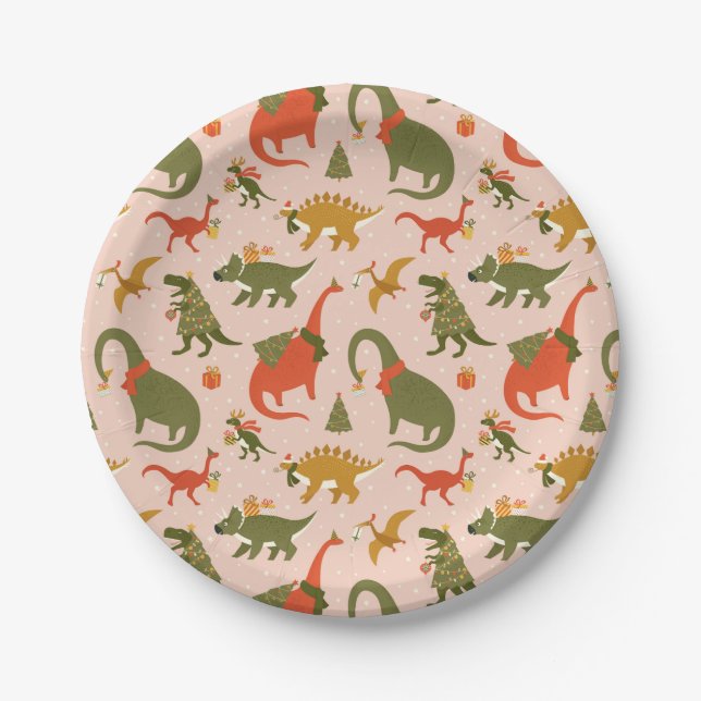 Festive Dinosaur Christmas Tree Holiday Pattern Paper Plate (Front)