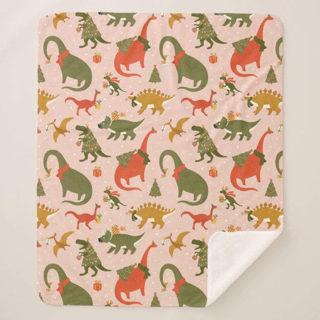 Festive Dinosaur Christmas Tree Holiday Pattern Sherpa Blanket (Front)